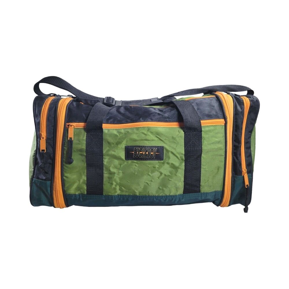 Vtg Bugle Boy Duffle Bag Gym Bag Carry On Green Orange Black Expandable To 28"